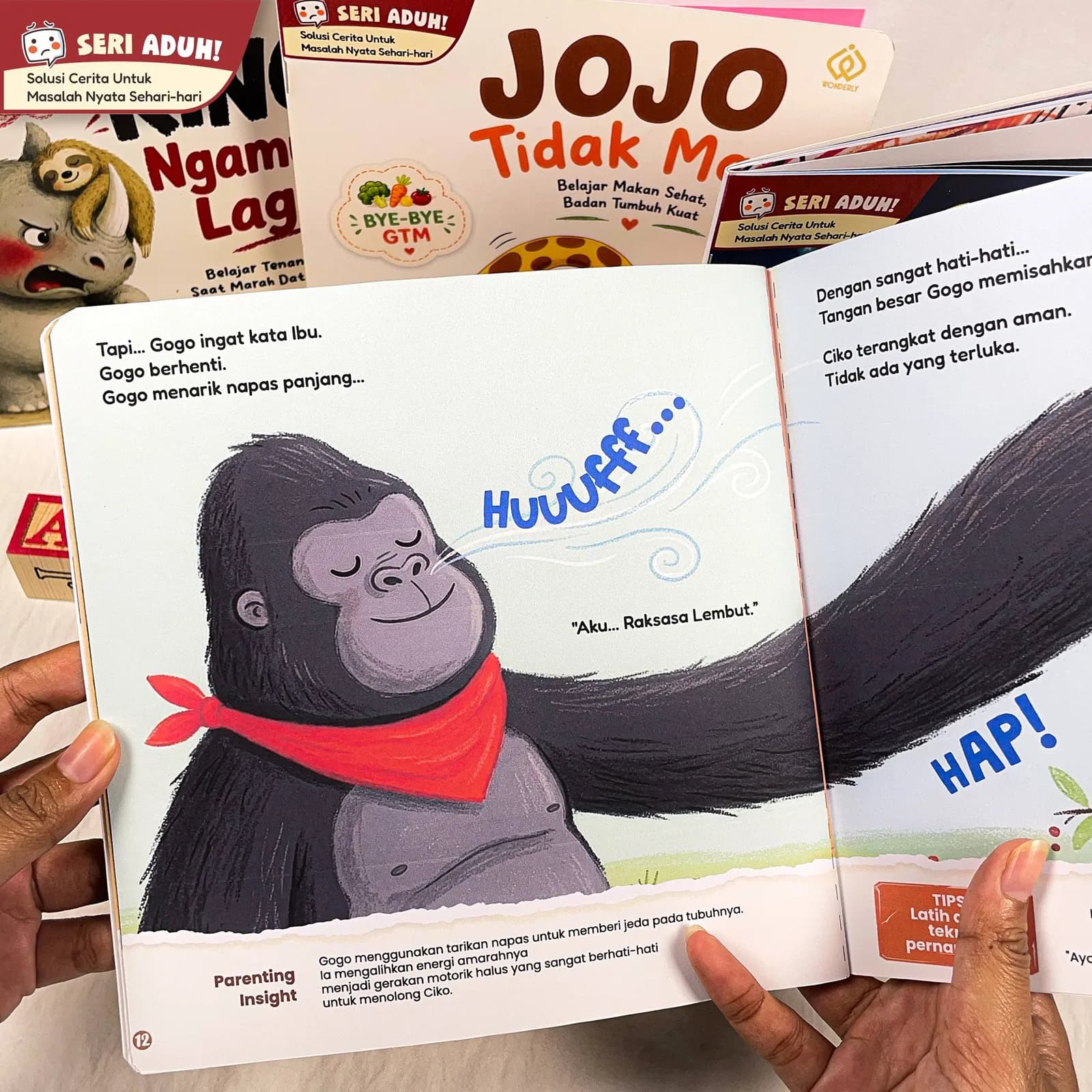 Contoh halaman cerita Gogo yang mengajak anak berhenti dan menarik napas saat marah