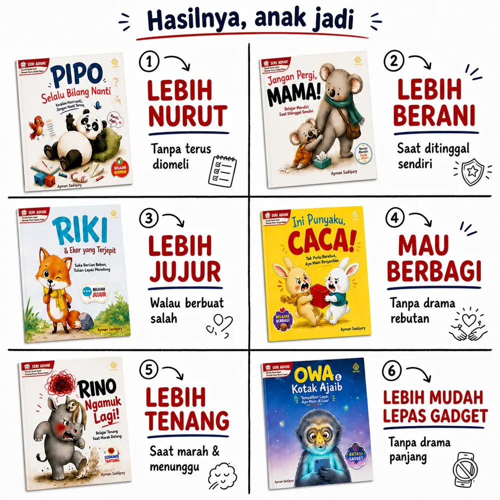 Enam manfaat Seri Aduh!: anak lebih nurut, berani, jujur, mau berbagi, lebih tenang, dan lebih mudah lepas gadget